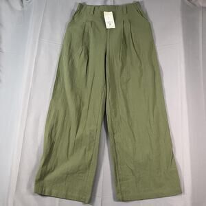 Halara Pants Womens Medium Green Wide Leg 100% Cotton High Waist Relaxed Fit New